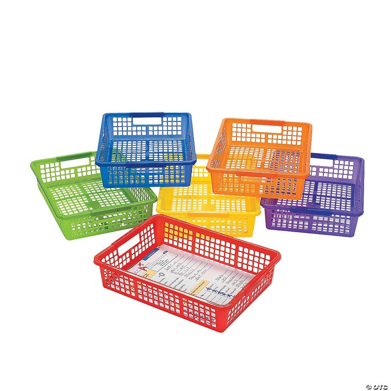 Fun Express 13 x 9 34 Classroom Storage Solid Color Plastic Baskets with Handles 6 Baskets in Bright Colors Great for Classroom Bins and Paper Organization