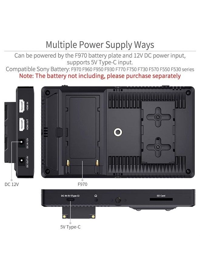 F7 PRO 7 Inch Touch Screen DSLR Camera Field Monitor with 3D Lut HDR Waveform F970 External Power Install Kit 1920x1200 4K 60Hz HDMI Input Output 8.4V DC Output 5V Type-c Input Mini Hot Shoe