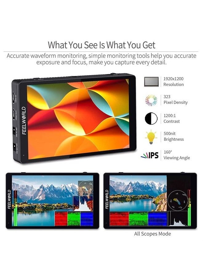 F7 PRO 7 Inch Touch Screen DSLR Camera Field Monitor with 3D Lut HDR Waveform F970 External Power Install Kit 1920x1200 4K 60Hz HDMI Input Output 8.4V DC Output 5V Type-c Input Mini Hot Shoe