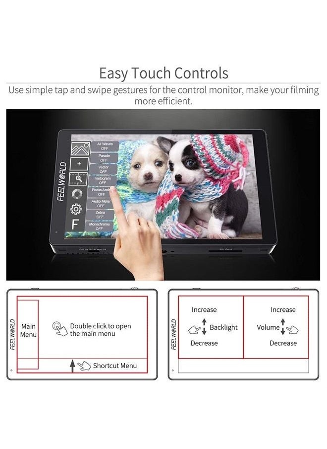 F7 PRO 7 Inch Touch Screen DSLR Camera Field Monitor with 3D Lut HDR Waveform F970 External Power Install Kit 1920x1200 4K 60Hz HDMI Input Output 8.4V DC Output 5V Type-c Input Mini Hot Shoe