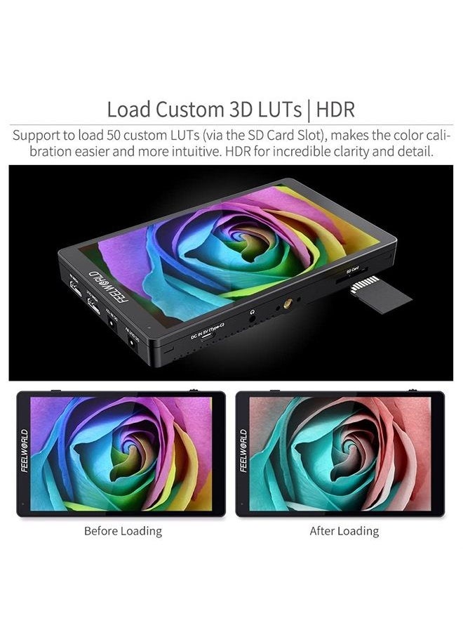F7 PRO 7 Inch Touch Screen DSLR Camera Field Monitor with 3D Lut HDR Waveform F970 External Power Install Kit 1920x1200 4K 60Hz HDMI Input Output 8.4V DC Output 5V Type-c Input Mini Hot Shoe