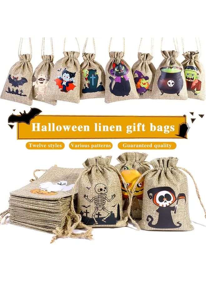Halloween Linen Drawstring Bags 6pcs With Ghosts Bats Pumpkins Witches Hats - Image 4