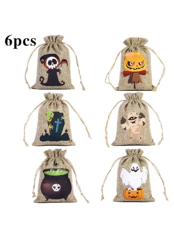 Halloween Linen Drawstring Bags 6pcs With Ghosts Bats Pumpkins Witches Hats - Image 2