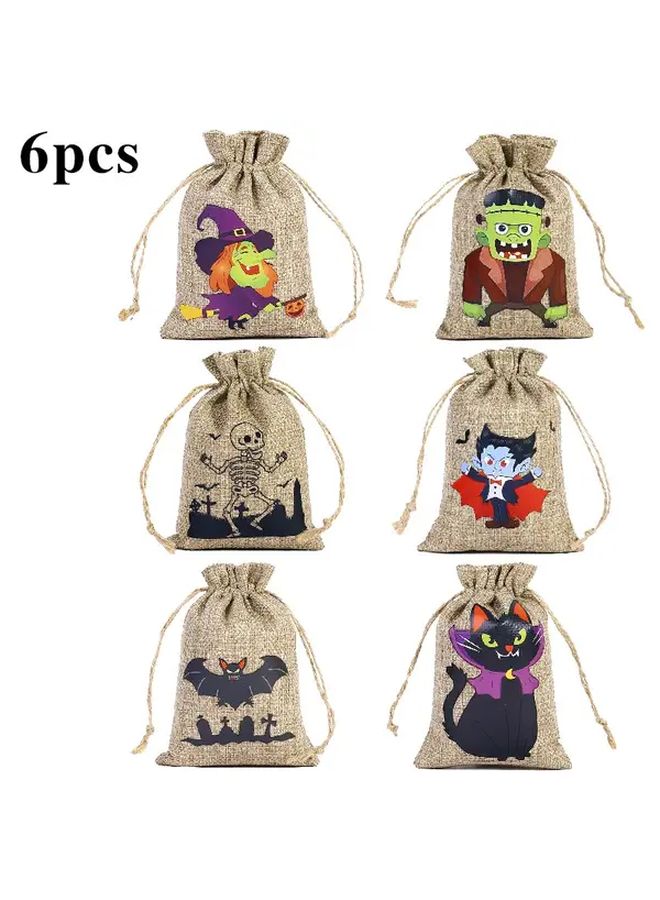 Halloween Linen Drawstring Bags 6pcs With Ghosts Bats Pumpkins Witches Hats - Image 1