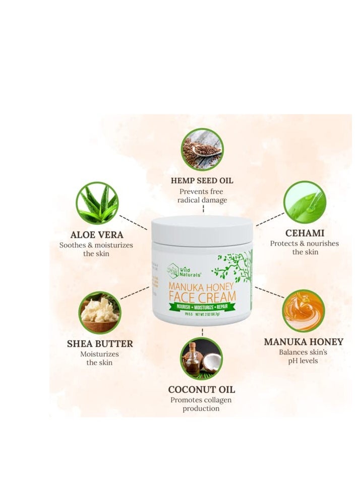 Wild Naturals - Face Moisturizer for Dry Skin - Facial Moisturizer for Women & Men - Dry Skin Face Moisturizer with Manuka Honey, Aloe Vera & Cehami - Soothing & Redness Relief Face Creams for Sensitive Skin & Eczema - Image 1