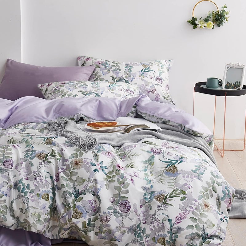 La Sheer Floral Duvet Cover Set Garden Style Twin 2 Pieces Bedding Set  Ultra Soft Green Leaves Botanical Flowers Pattern Lavender Reversible Farmhouse 1 Comforter Cover + 1 Pillowsham(No Comforter) - Image 1