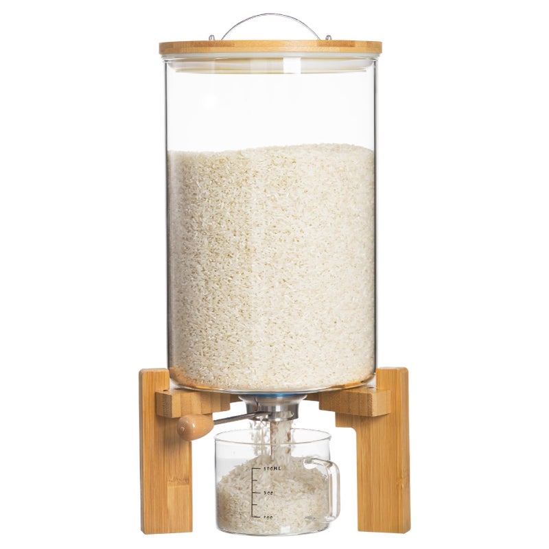 HBlife 1416 Lbs Glass Rice Dispenser with Wooden Stand Flour and Cereal Container with Glass Measuring Cup Pantry Food Organization Storage Bin with Airtight Bamboo Lid 8L