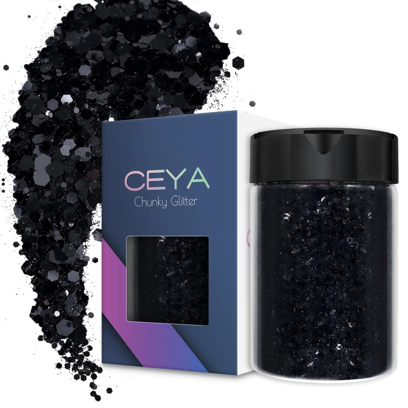 Ceya Chunky Glitter 49oz 140g Black Craft Glitter Powder Mixed Fine Flakes Iridescent Nail Sequins for Nail Art Hair Epoxy Resin Tumblers Slime Painting Festival Decor