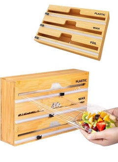 Captaintech 3 in 1 Wrap Organizer with Cutter and Labels Plastic Wrap Aluminum Foil and Wax Paper Bamboo Dispenser for Kitchen Storage Organization Holder  - Image 1