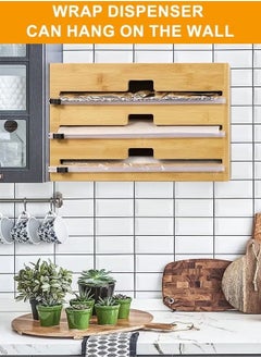 Captaintech 3 in 1 Wrap Organizer with Cutter and Labels Plastic Wrap Aluminum Foil and Wax Paper Bamboo Dispenser for Kitchen Storage Organization Holder  - Image 2
