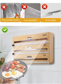 Captaintech 3 in 1 Wrap Organizer with Cutter and Labels Plastic Wrap Aluminum Foil and Wax Paper Bamboo Dispenser for Kitchen Storage Organization Holder  - Image 3