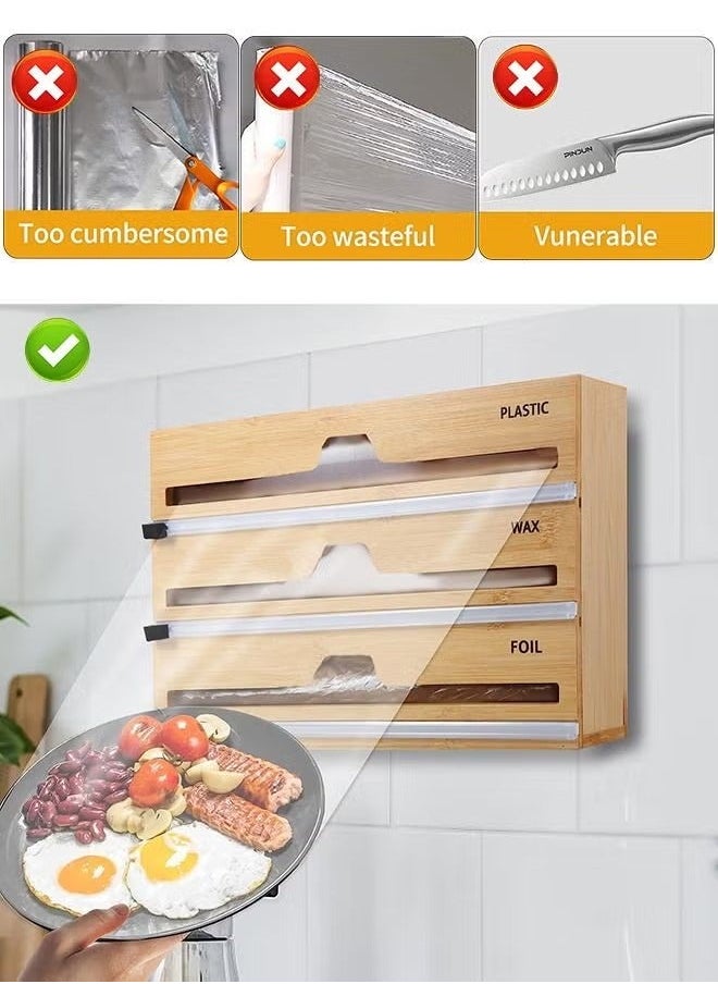 Captaintech 3 in 1 Wrap Organizer with Cutter and Labels Plastic Wrap Aluminum Foil and Wax Paper Bamboo Dispenser for Kitchen Storage Organization Holder  - Image 3