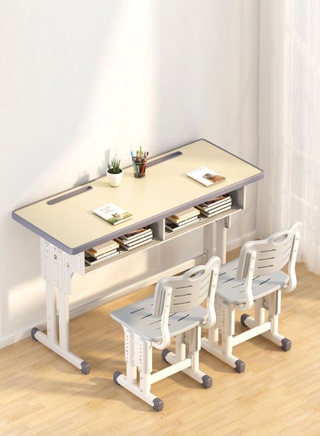 C&C Home Adjustable Kids Study Double Desk & Chairs Set Simple Children's Writing Desk Set Beige - Image 1
