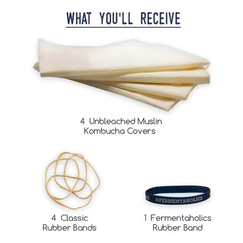 Fermentaholics Unbleached Muslin Kombucha Covers - 4 Pack with Rubber Bands - 10" Square Fits Wide Variety Of Jar Openings - Tight Weave Keeps Flies Out - Let's Your Kombucha Breathe - Hand Wash - Image 2