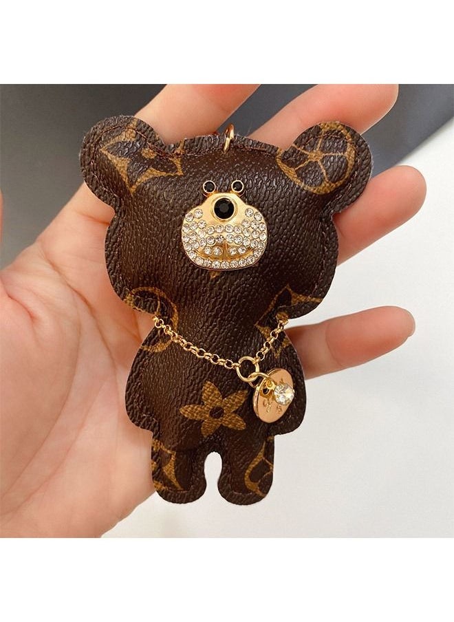 Generic - PU Leather Diamond Studded Bear Keychain Wristlet, Cartoon Creative Printed Bear Car Phone Bag Keychain, Cute Couple Alloy Key Ring (Brown) - Image 1