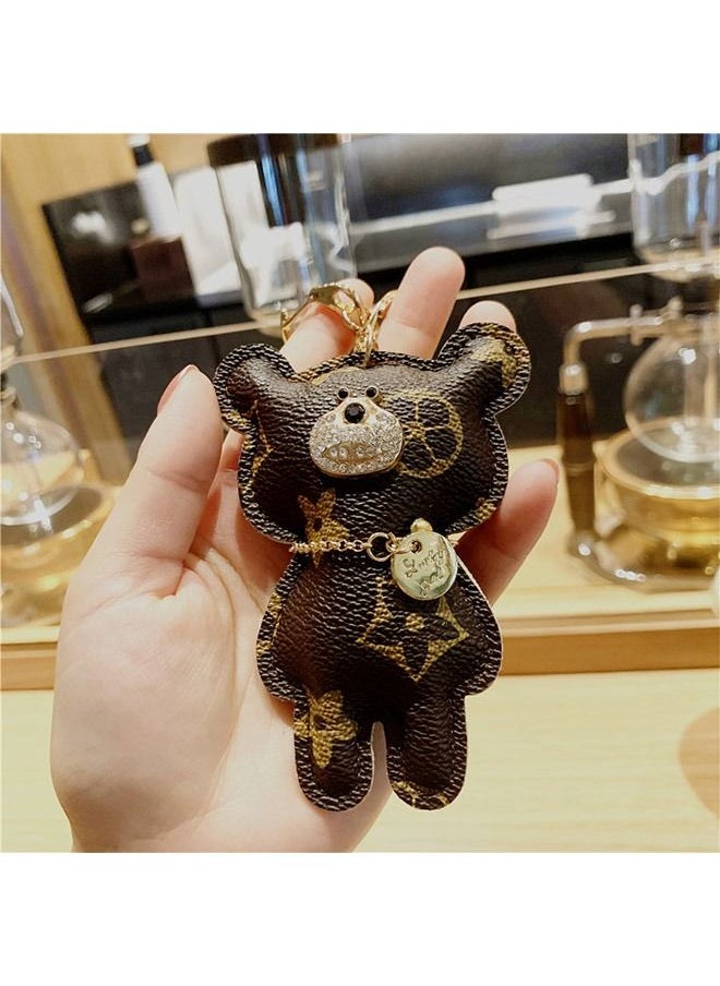 Generic - PU Leather Diamond Studded Bear Keychain Wristlet, Cartoon Creative Printed Bear Car Phone Bag Keychain, Cute Couple Alloy Key Ring (Brown) - Image 1