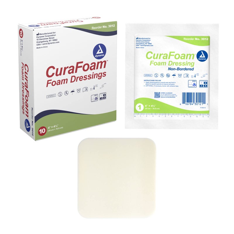 Dynarex 3012 CuraFoam Foam Dressing, Non-Bordered, Sterile, Provides Cushioned and Moist Wound Care, 4" x 4.25", Pack of 10 - Image 1