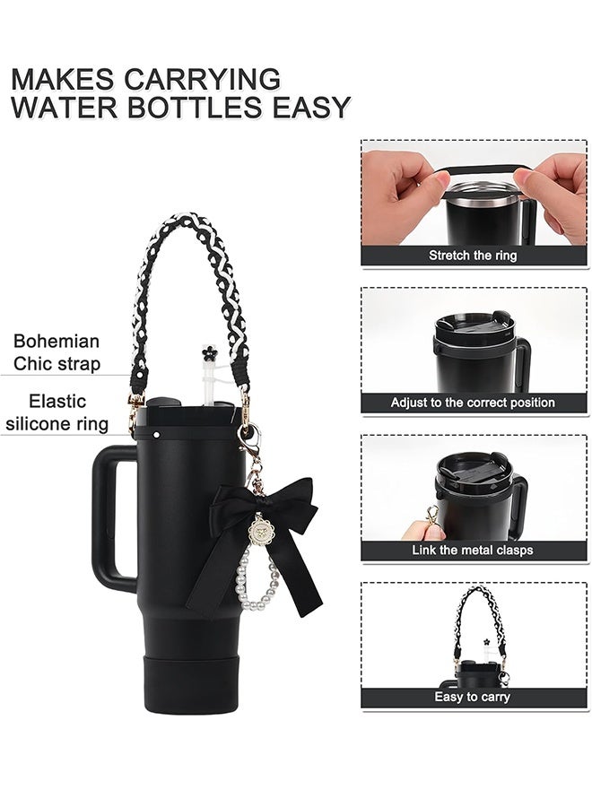 Stanley Cup Accessories Set, Bow Pearl Chain Braided Design Water Bottle Handle Strap, Silicone Stanley Cup Boot, Stanley Charms for Stanley Cup 30/40oz Tumble (Black), standard - Image 2