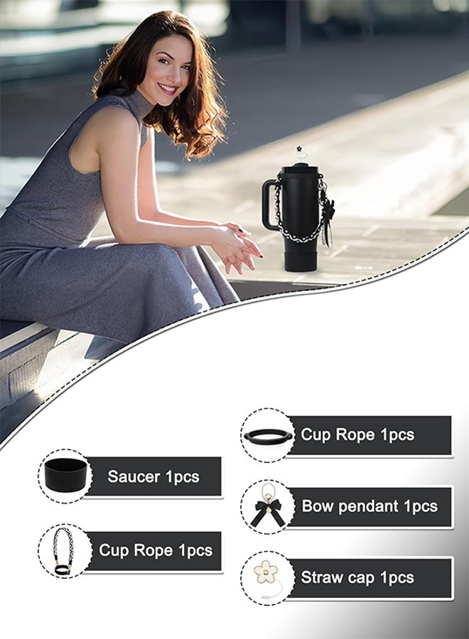 Stanley Cup Accessories Set, Bow Pearl Chain Braided Design Water Bottle Handle Strap, Silicone Stanley Cup Boot, Stanley Charms for Stanley Cup 30/40oz Tumble (Black), standard - Image 5