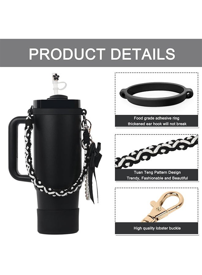Stanley Cup Accessories Set, Bow Pearl Chain Braided Design Water Bottle Handle Strap, Silicone Stanley Cup Boot, Stanley Charms for Stanley Cup 30/40oz Tumble (Black), standard - Image 3