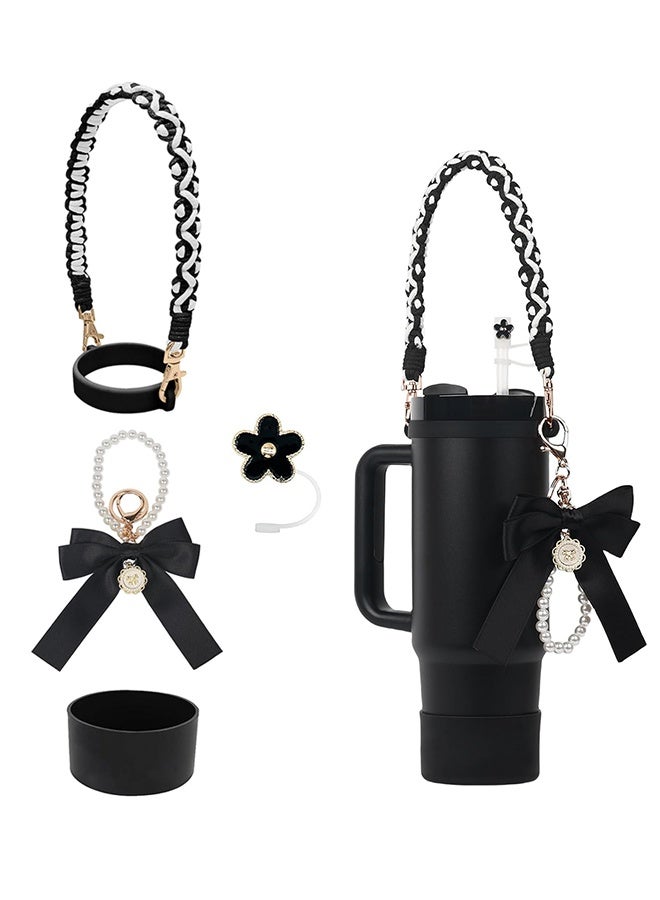 Stanley Cup Accessories Set, Bow Pearl Chain Braided Design Water Bottle Handle Strap, Silicone Stanley Cup Boot, Stanley Charms for Stanley Cup 30/40oz Tumble (Black), standard - Image 1