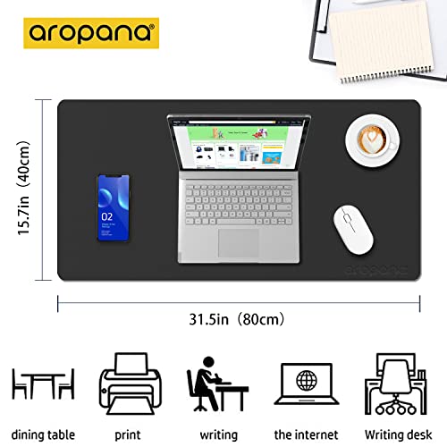 AROPANA Vegan Leather Desk Mat | Large Reversible Mouse Pad & Computer Table Protector | Dual-Side Waterproof Extended Laptop Pad with Edge-Stitched Design (80x40CM, Black and Grey) - Image 2