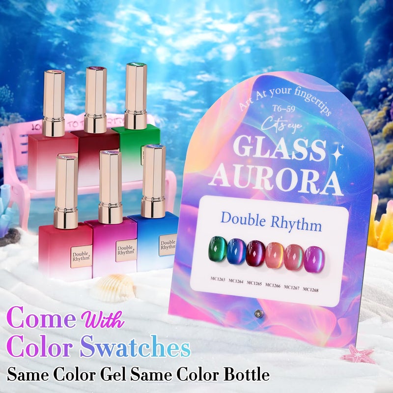 Double Rhythm Cat Eye Gel Nail Polish Set of 6 Same Color Same Bottle 0.5 Oz Shimmer Glitter with Magnet Holographic Reflective Magnetic UV Nail Polish Kit at Home (Glass Galaxy Green-T6-59) - Image 2