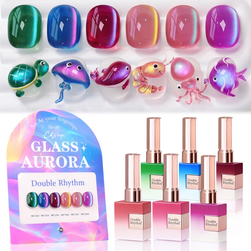 Double Rhythm Cat Eye Gel Nail Polish Set of 6 Same Color Same Bottle 0.5 Oz Shimmer Glitter with Magnet Holographic Reflective Magnetic UV Nail Polish Kit at Home (Glass Galaxy Green-T6-59) - Image 1