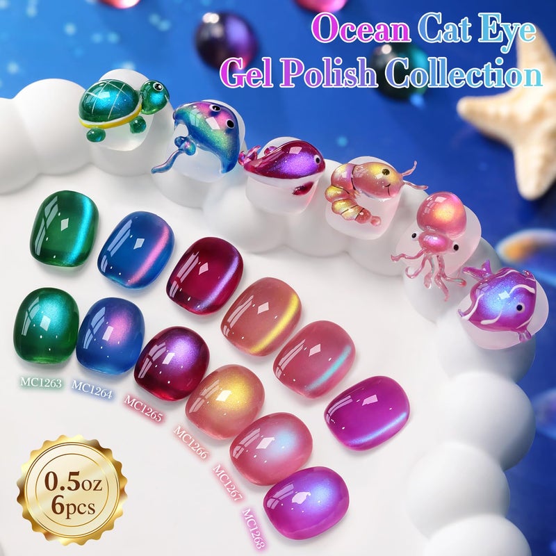 Double Rhythm Cat Eye Gel Nail Polish Set of 6 Same Color Same Bottle 0.5 Oz Shimmer Glitter with Magnet Holographic Reflective Magnetic UV Nail Polish Kit at Home (Glass Galaxy Green-T6-59) - Image 3