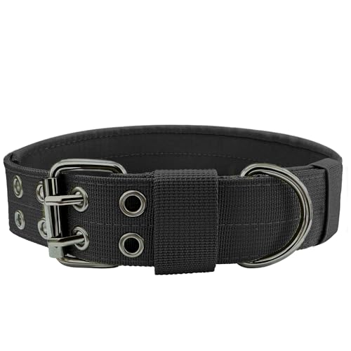 Bozenu Heavy Duty Dog Collar for Large Dogs, Tactical Dog Collars with Metal Buckle & D Ring, 1.5" Width Thick Adjustable Nylon Collar for Medium Dogs, Black/M - Image 1
