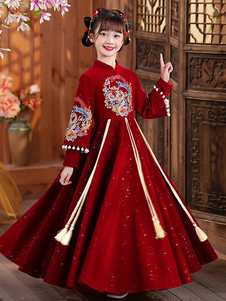 Children'S Skirts With Fleece Lining, New Year'S Greeting Clothes, Ancient Style Princess Girls' Hanfu, Winter Chinese Style Long Skirts, Thick Version - Image 2