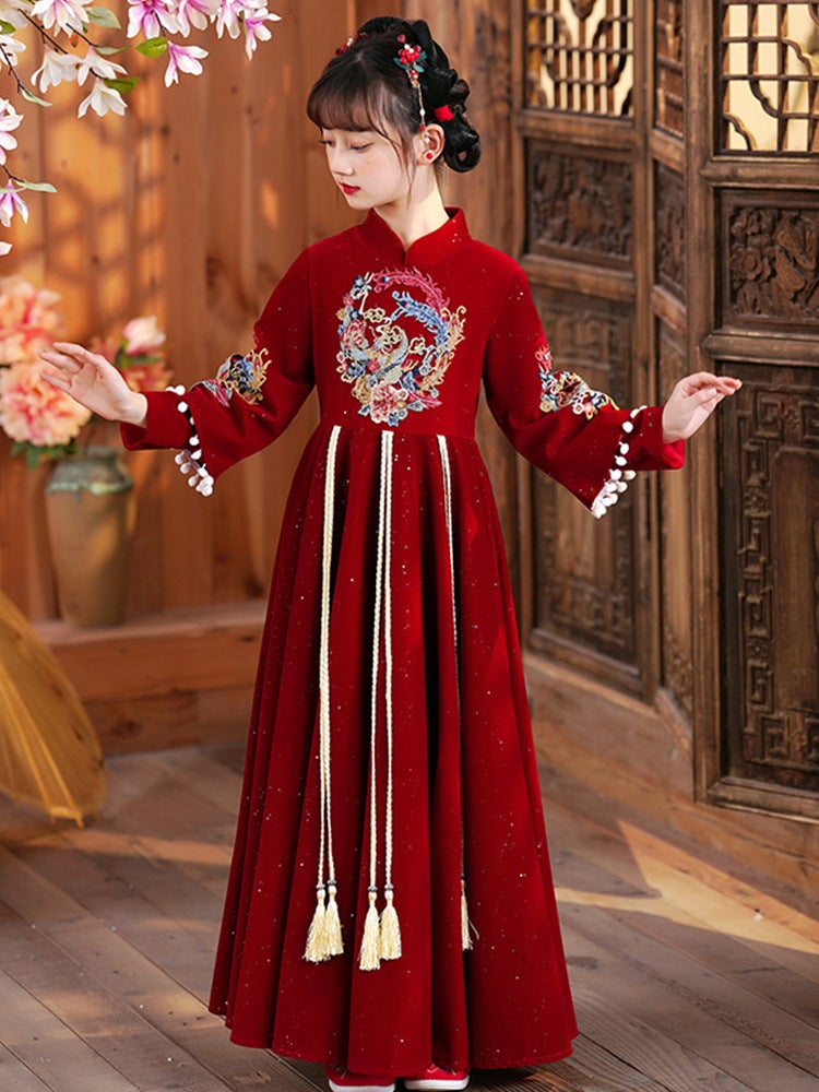 Children'S Skirts With Fleece Lining, New Year'S Greeting Clothes, Ancient Style Princess Girls' Hanfu, Winter Chinese Style Long Skirts, Thick Version - Image 4