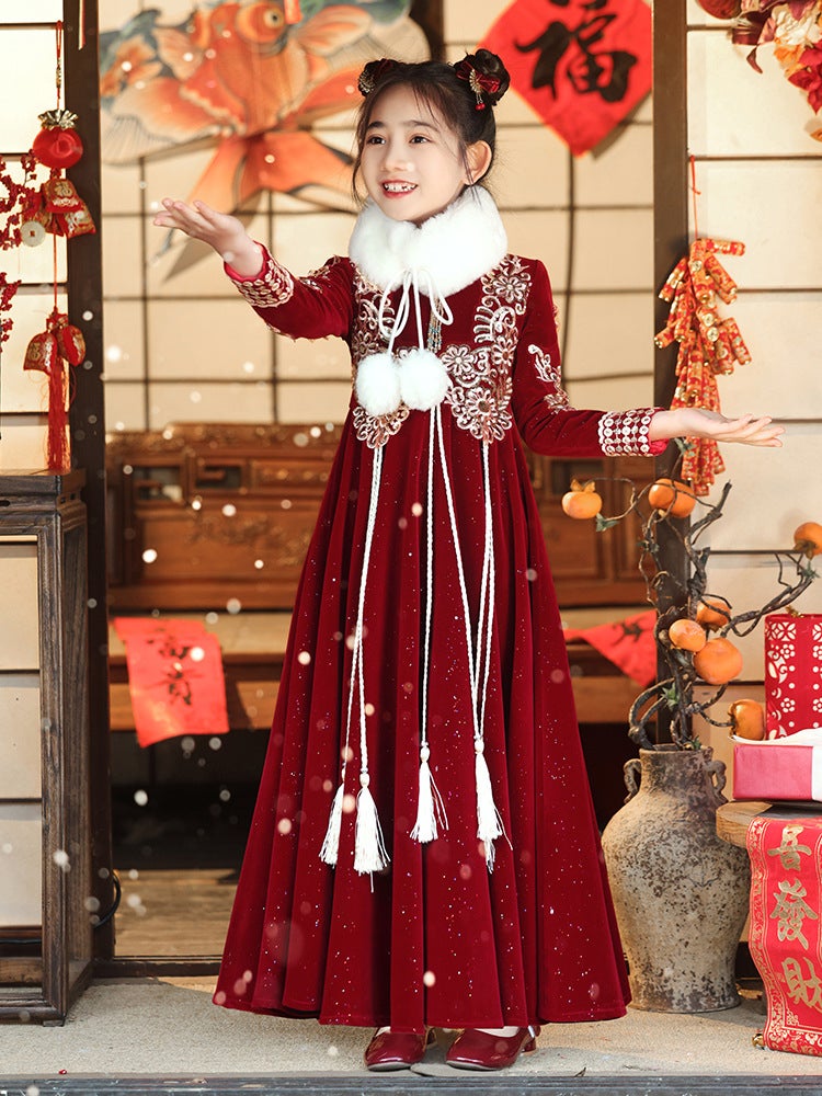 Children'S Skirts With Fleece Lining, New Year'S Greeting Clothes, Ancient Style Princess Girls' Hanfu, Winter Chinese Style Long Skirts, Thick Version - Image 5