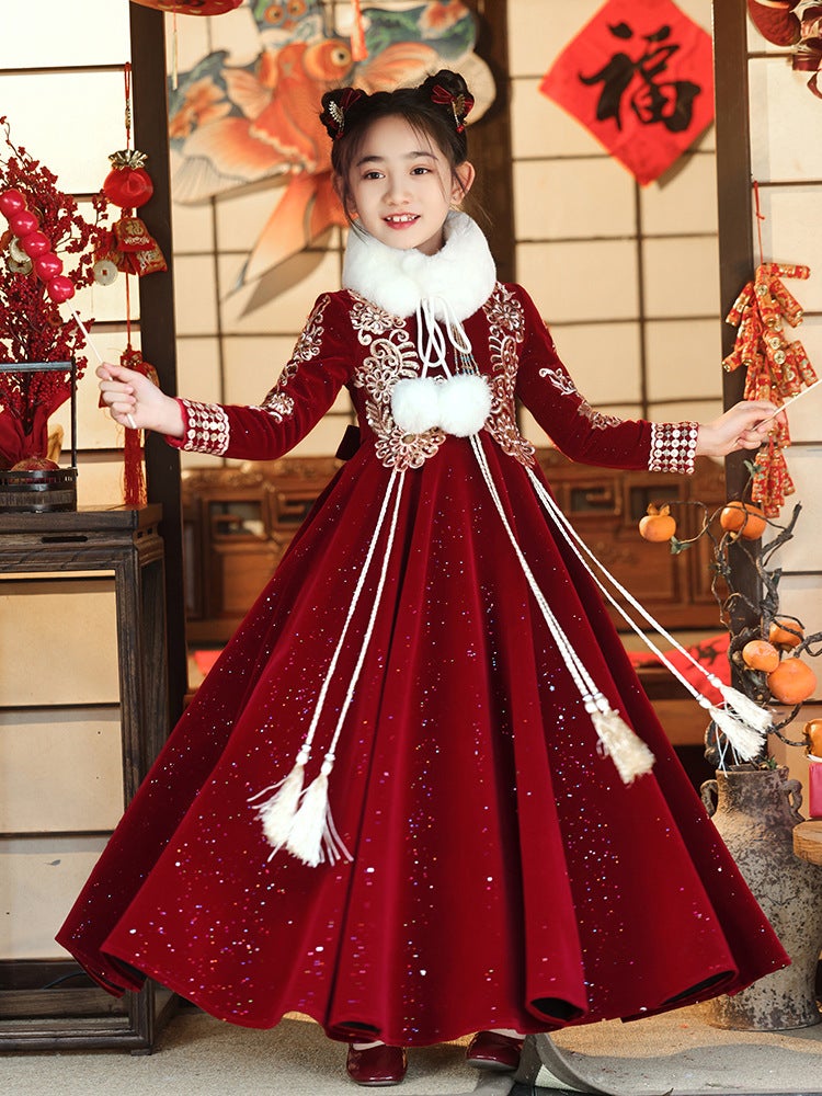 Children'S Skirts With Fleece Lining, New Year'S Greeting Clothes, Ancient Style Princess Girls' Hanfu, Winter Chinese Style Long Skirts, Thick Version - Image 3