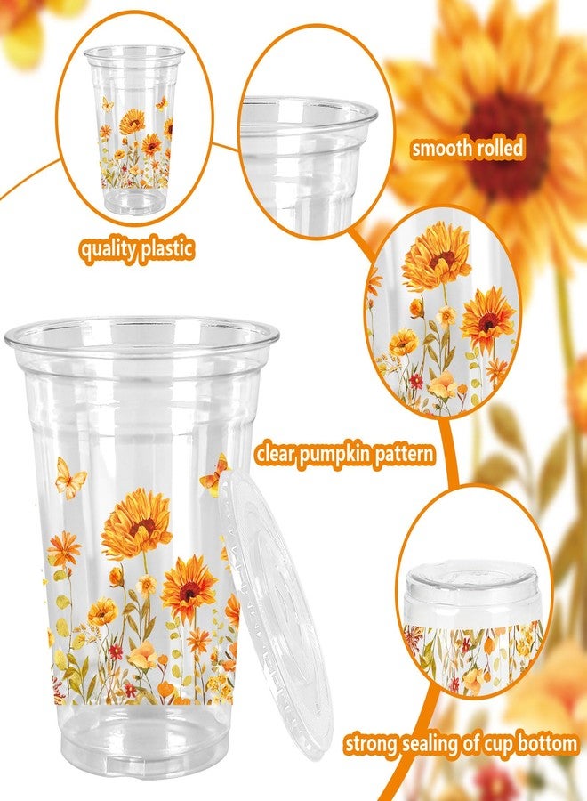 JarThenaAMCS 50 Pcs Fall Sunflower Plastic Cups with Lids and Straws Watercolor Flower Butterfly Clear Plastic Cups 12oz Disposable Cups for Summer Autumn Thanksgiving Party Supplies - Image 3