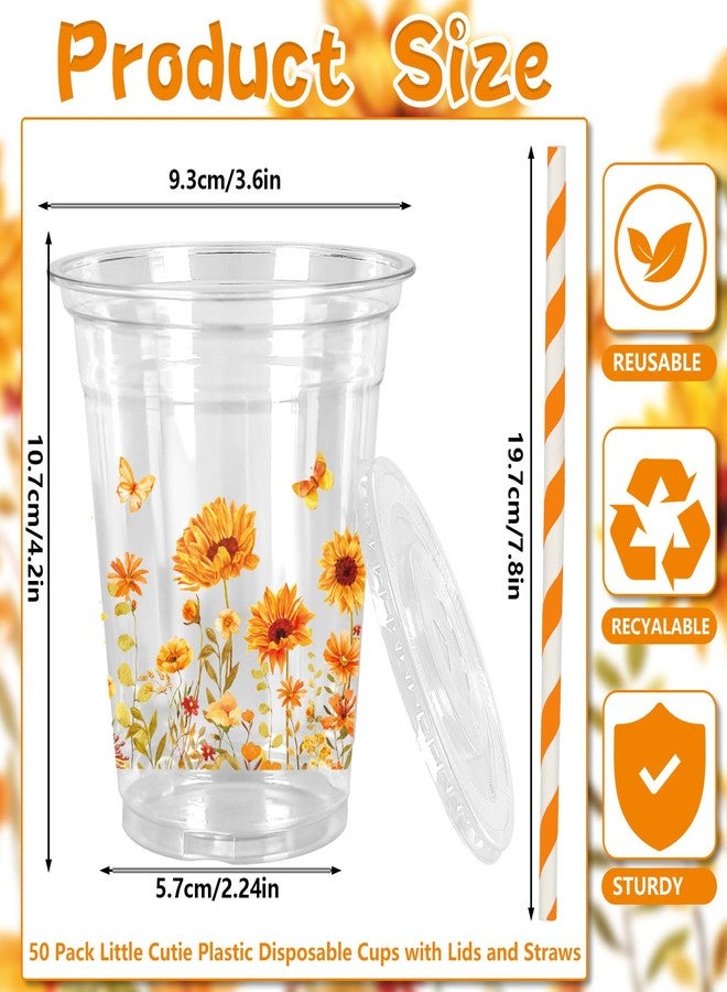 JarThenaAMCS 50 Pcs Fall Sunflower Plastic Cups with Lids and Straws Watercolor Flower Butterfly Clear Plastic Cups 12oz Disposable Cups for Summer Autumn Thanksgiving Party Supplies - Image 2