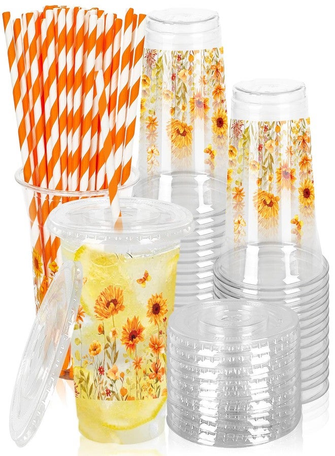 JarThenaAMCS 50 Pcs Fall Sunflower Plastic Cups with Lids and Straws Watercolor Flower Butterfly Clear Plastic Cups 12oz Disposable Cups for Summer Autumn Thanksgiving Party Supplies - Image 1