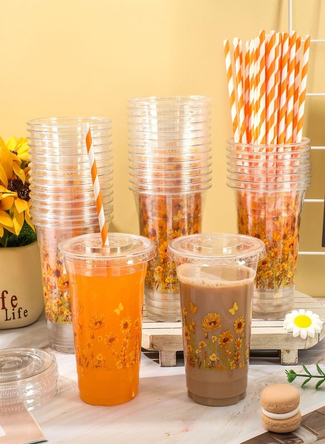JarThenaAMCS 50 Pcs Fall Sunflower Plastic Cups with Lids and Straws Watercolor Flower Butterfly Clear Plastic Cups 12oz Disposable Cups for Summer Autumn Thanksgiving Party Supplies - Image 5