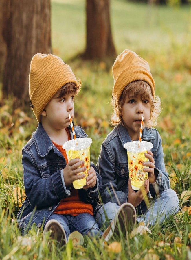 JarThenaAMCS 50 Pcs Fall Sunflower Plastic Cups with Lids and Straws Watercolor Flower Butterfly Clear Plastic Cups 12oz Disposable Cups for Summer Autumn Thanksgiving Party Supplies - Image 4