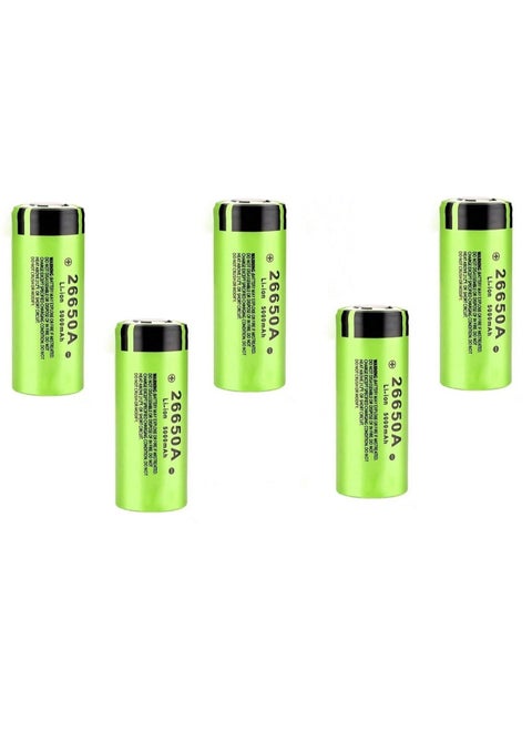 5 Rechargeable 26650 Lithium-Ion Battery With A Capacity Of 5000 mAh, Rechargeable Up To 1200 Times. Long-Lasting Batteries Without A Button Top For Handheld Flashlights, Modern Glucose Meters, Modern Thermometers, Charging Fans, Toys, And Solar-Powered Surveillance Cameras.