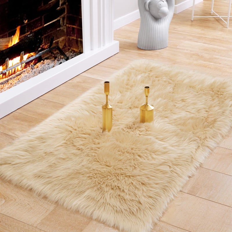 Ciicool Beige Fur Fluffy Rug 2x4 ft Small Faux Fur Rugs for Bedroom Washable Faux Sheepskin Rug for Sofa Couch Seat Cushion Thick Shaggy Furry Rugs Floor Carpets for Bedside Living Room