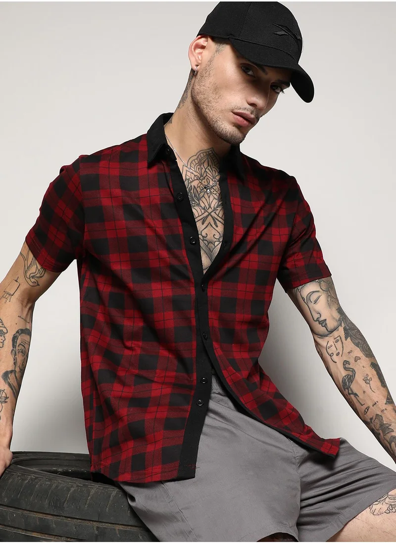Campus Sutra Men's Red & Black Tartan Plaid Shirt