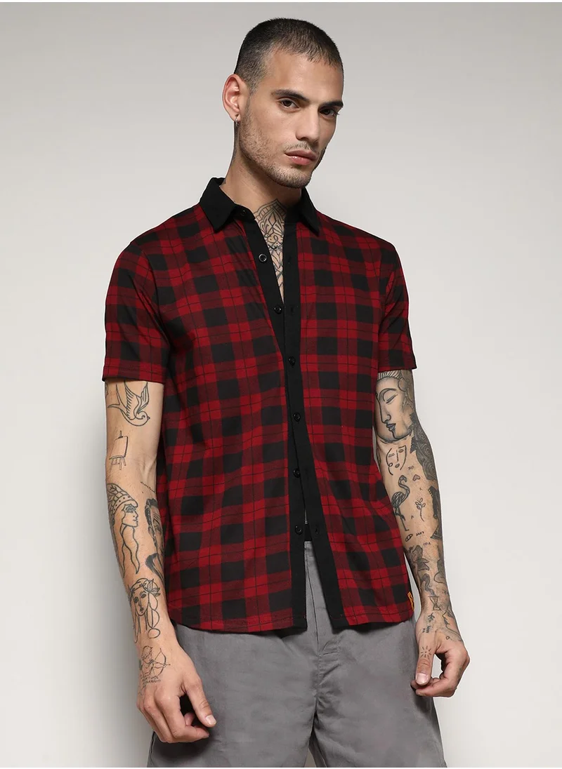 Campus Sutra Men's Red & Black Tartan Plaid Shirt