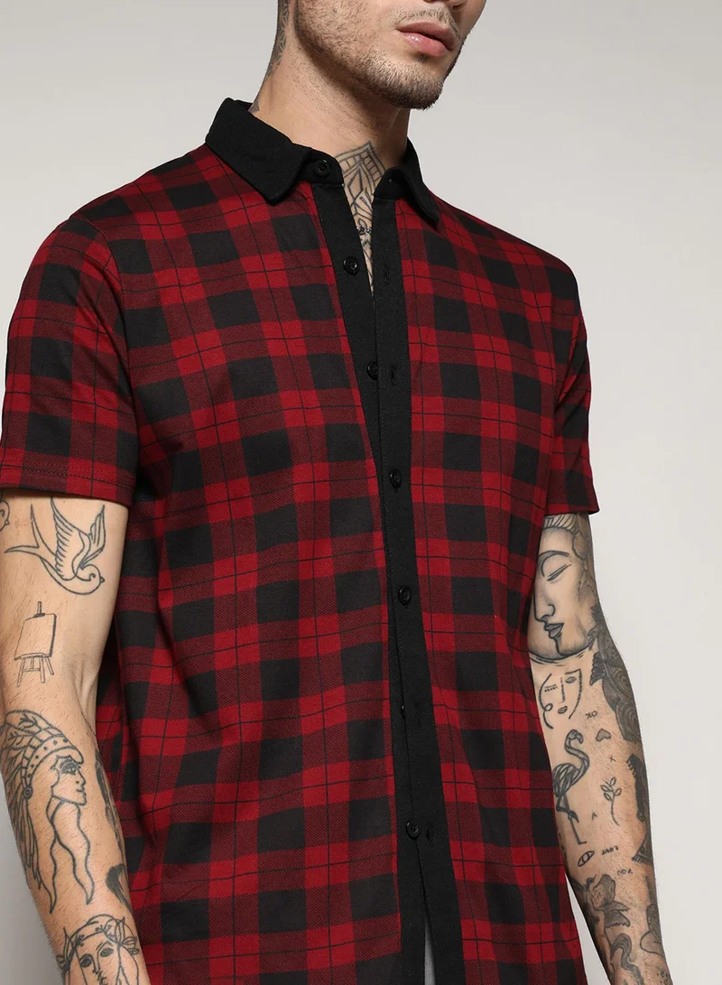 Campus Sutra Men's Red & Black Tartan Plaid Shirt
