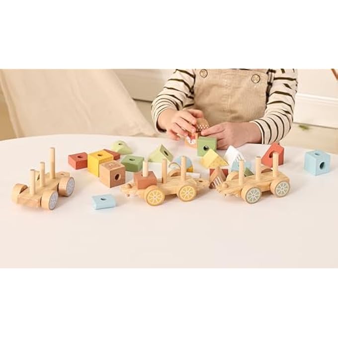 WOODEN STACKING TRAIN WITH 22 CUTE PRINTED STACKING BLOCKS AND SHAPES. GIFT FOR BABY & TODDLER 18M+. WOODEN TRAIN TOY FOR BOYS, GIRLS, TODDLERS. MONTESSORI STACKING TOY - Image 2
