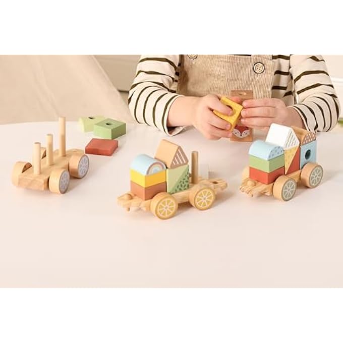 WOODEN STACKING TRAIN WITH 22 CUTE PRINTED STACKING BLOCKS AND SHAPES. GIFT FOR BABY & TODDLER 18M+. WOODEN TRAIN TOY FOR BOYS, GIRLS, TODDLERS. MONTESSORI STACKING TOY - Image 3