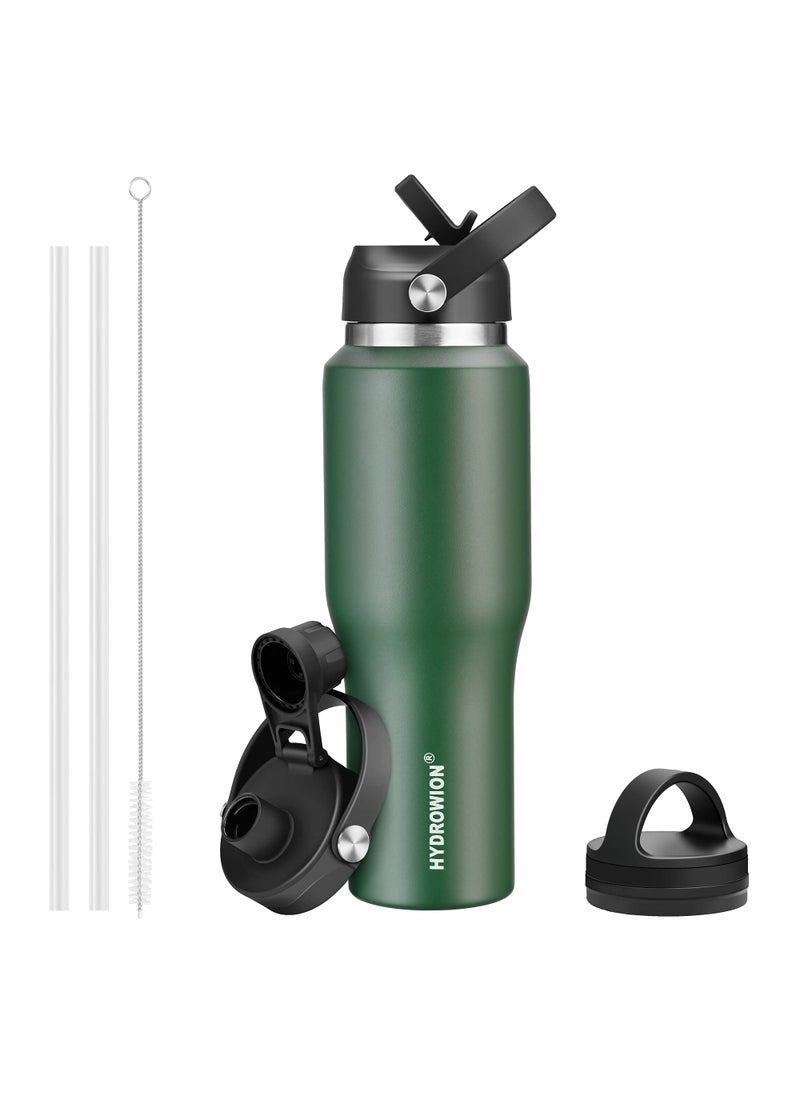 HYDROWION HYDROWION Water Bottle Insulated32oz Water Bottles Straw Lid Spout Lid and Flex Cap Tumbler Flask Cold for 48 Hrs Hot for 24 Hrs Leakproof Travel Thermo Mug Fit Any Car Cupholder Olive 