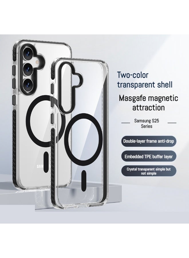 cas:pecae Samsung Galaxy S25 series two-color transparent magnetic shockproof mobile phone case + 2 pieces of special tempered film | mobile phone protection set
