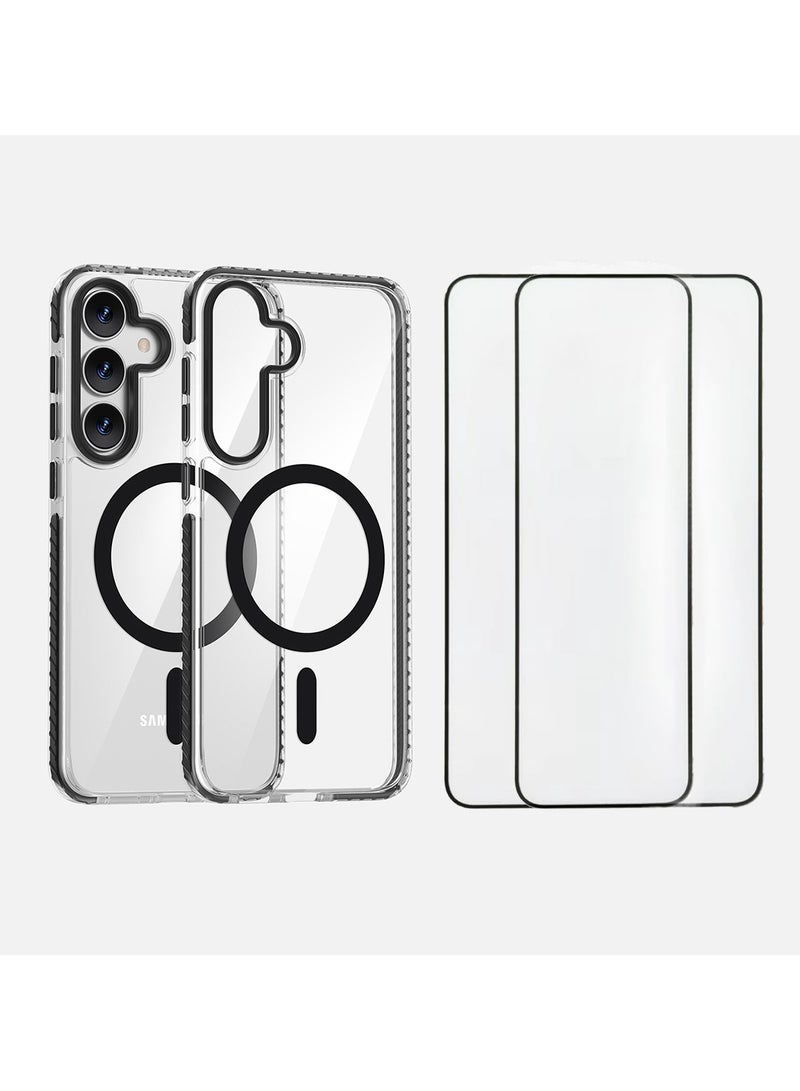 cas:pecae Samsung Galaxy S25 series two-color transparent magnetic shockproof mobile phone case + 2 pieces of special tempered film | mobile phone protection set