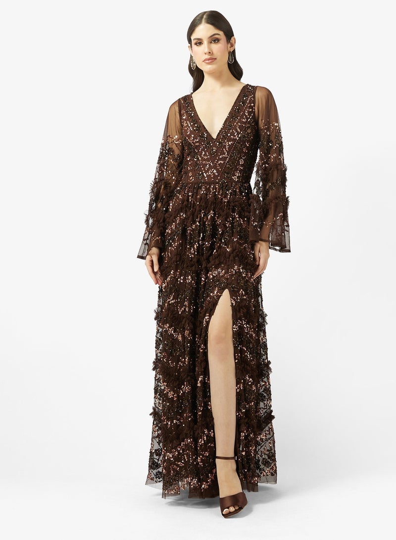 مايا فستان ماكسي طويل الأكمام مزين بكشكشة فاخرة - Image 4